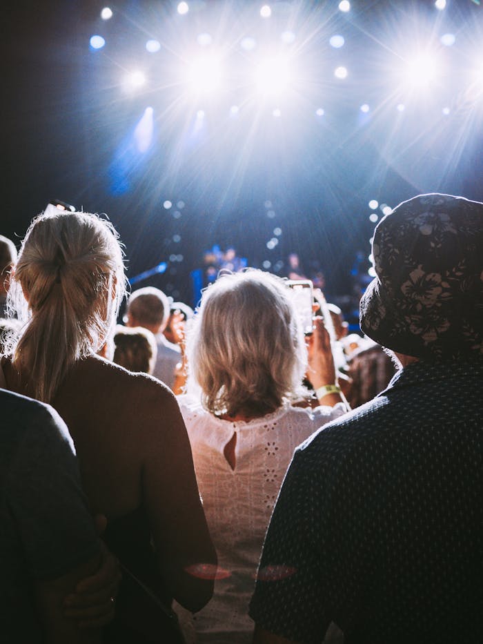 Vibrant crowd at a nighttime concert enjoying live music under bright stage lights.